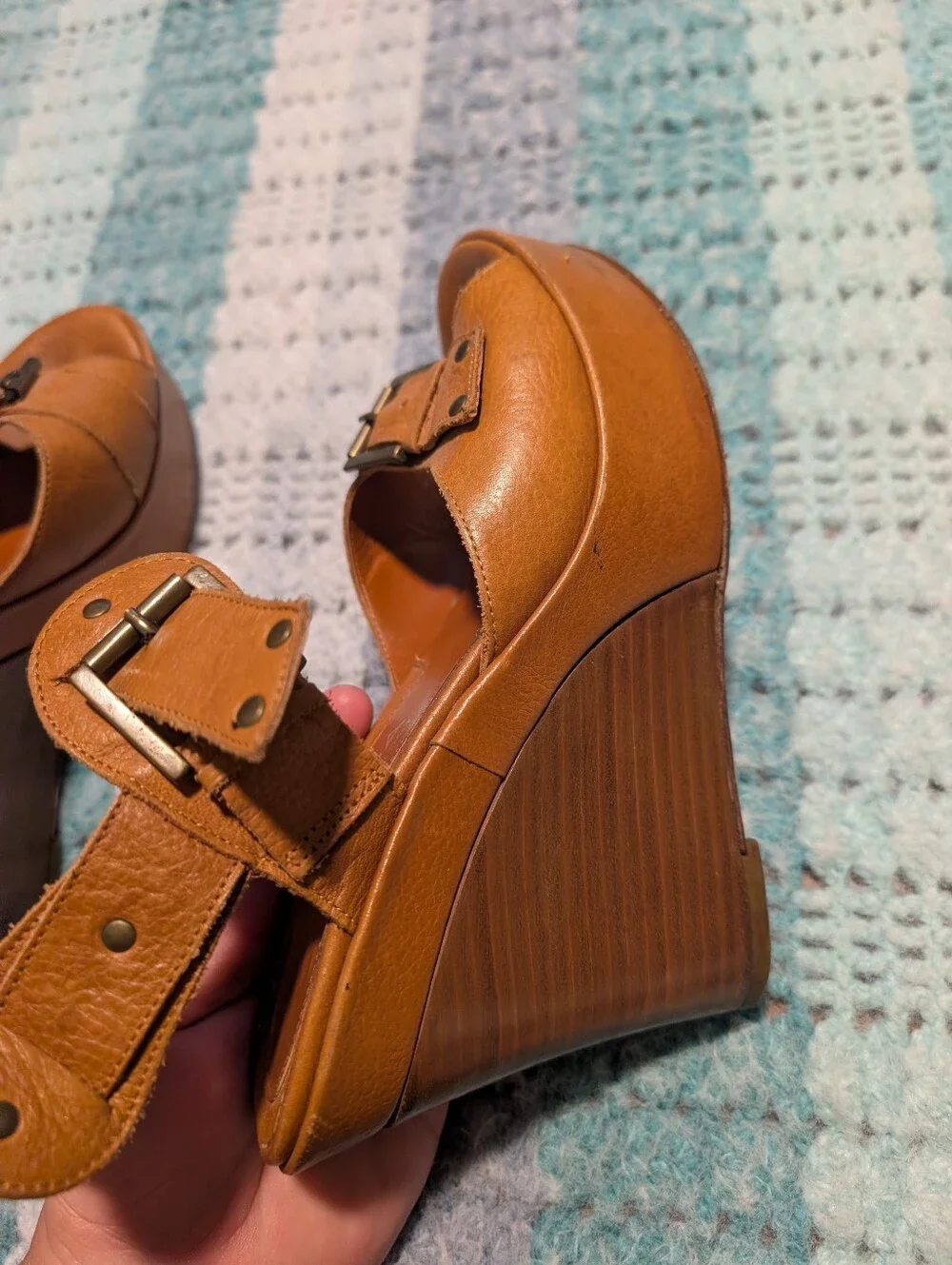 Via Spiga Leather Tan Buckle Sandal Wedges  Women Size 8